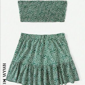 SHEIN WYWH Ditsy Floral Print Knot Front Crop Tube Top & Ruffle Hem Skirt SizeXS